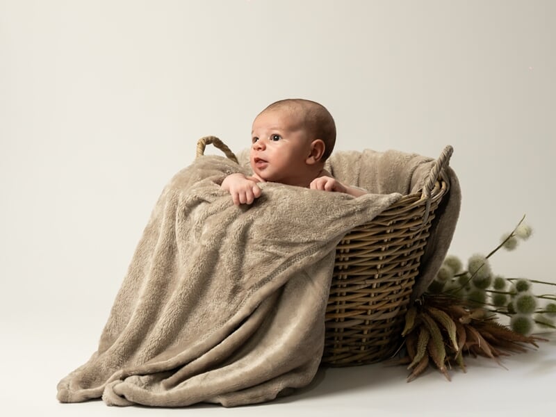 Bébé qui sort la tête d'un panier avec une couverture