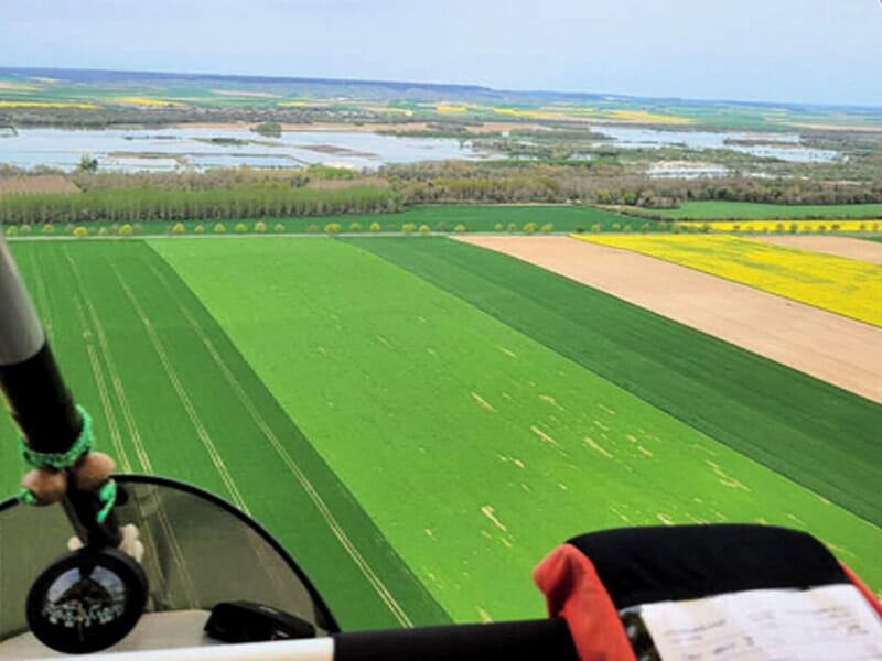 Vue aérienne sur des champs verts et jaunes ainsi qu'un plan d'eau au loin.
