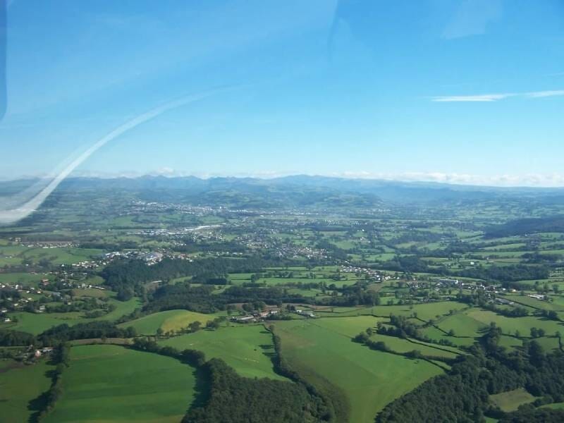 Vue aérienne sur des champs verts et des arbres à perte de vue, avec un ciel bleu en fond.