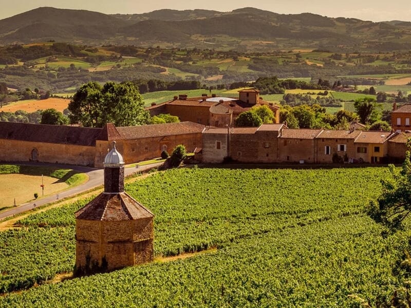 Vue aérienne d'un village avec un bâtiment ancien au milieu des vignes lors d'un vol en avion ULM près de Lyon.
