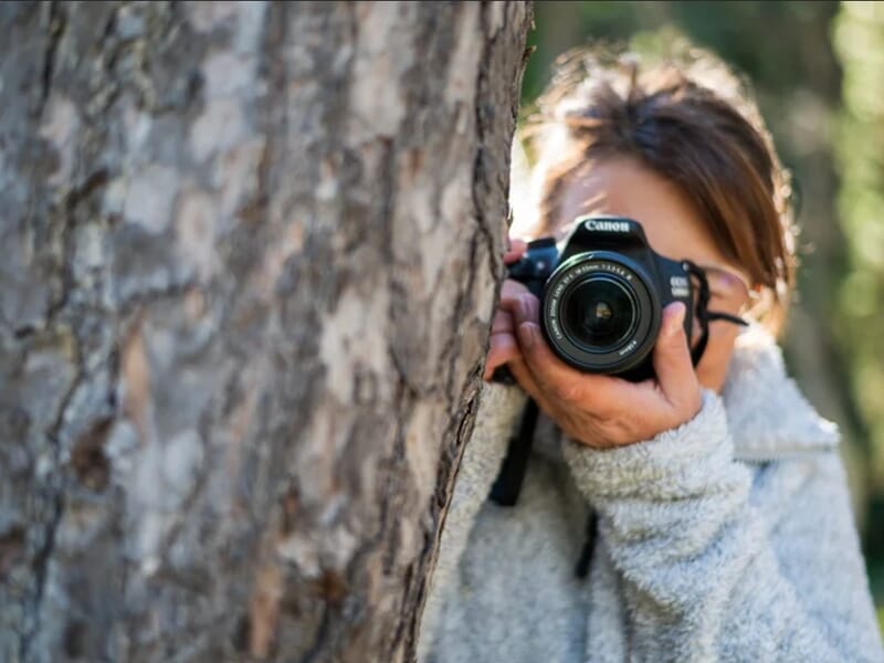 Femme tenant un reflex Canon, cachée derrière un tronc d’arbre en forêt, concentrée sur sa prise de vue.