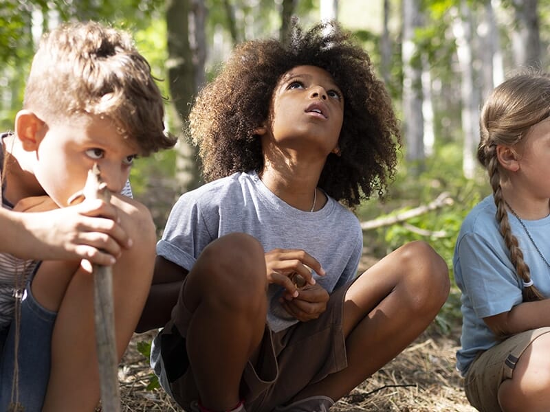 Enfants assis dans une forêt, attentifs à leur environnement pendant une activité nature.