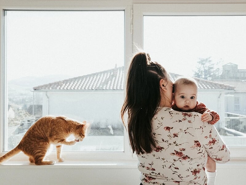 Maman portant son bébé face à une grande fenêtre, avec un chat roux posé sur le rebord.