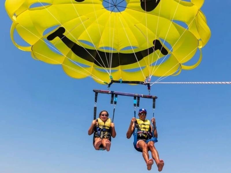 Deux personnes accrochées à un parachute ascensionnel jaune sur fond de ciel bleu.