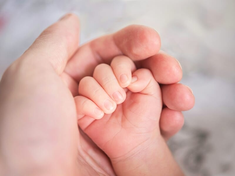 Main minuscule d’un bébé délicatement tenue dans la main d’un adulte.