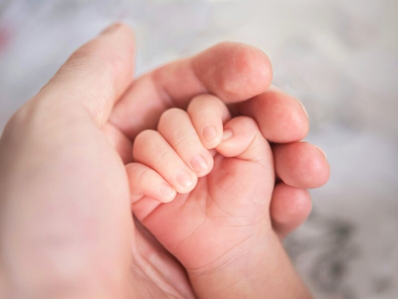 Main minuscule d’un bébé délicatement tenue dans la main d’un adulte.
