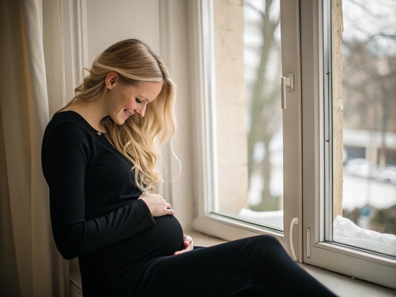 Femme enceinte en robe noire, souriante, assise au bord d'une fenêtre, se tient le ventre rond dans les mains