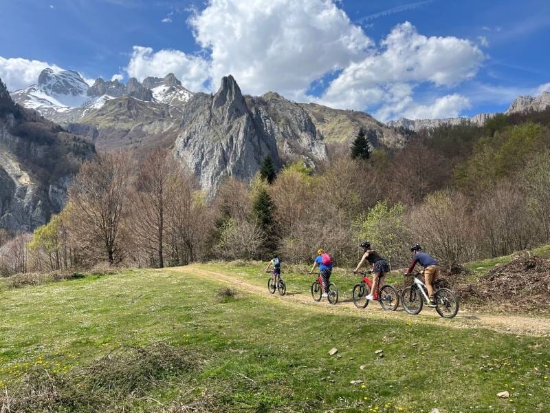 Des cyclistes en VTT parcourent une piste de terre au milieu de l'herbe verte, avec la montagne en fond.