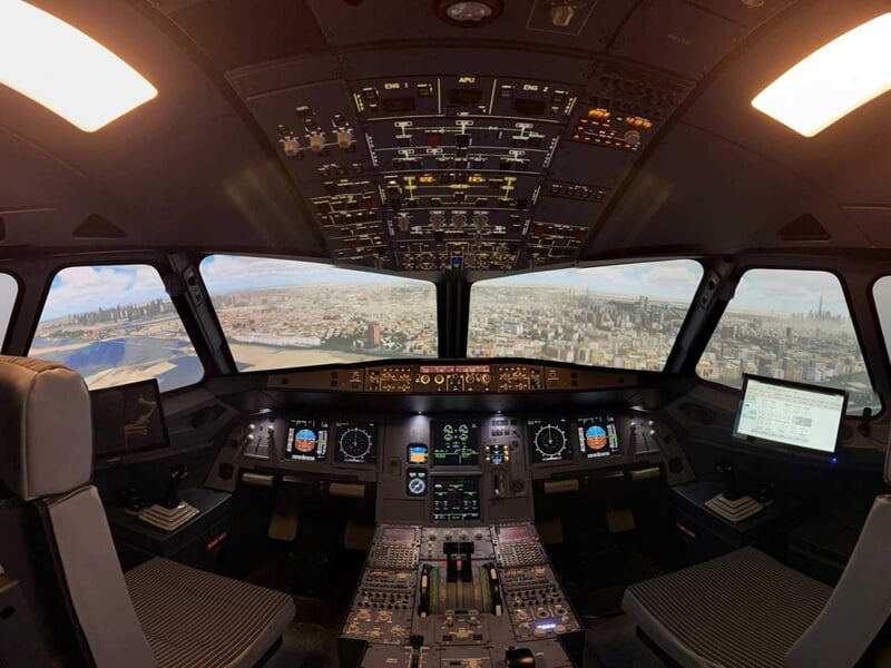 Cockpit d’avion en simulateur de vol avec vue urbaine projetée sur les écrans de pare-brise