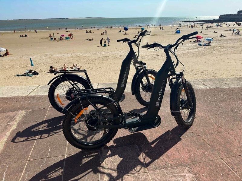 Deux trottinettes électriques noires stationnées sur une promenade au bord d'une plage avec des baigneurs.
