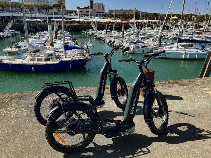 Deux trottinettes électriques noires garées près d'un port avec de nombreux bateaux amarrés.