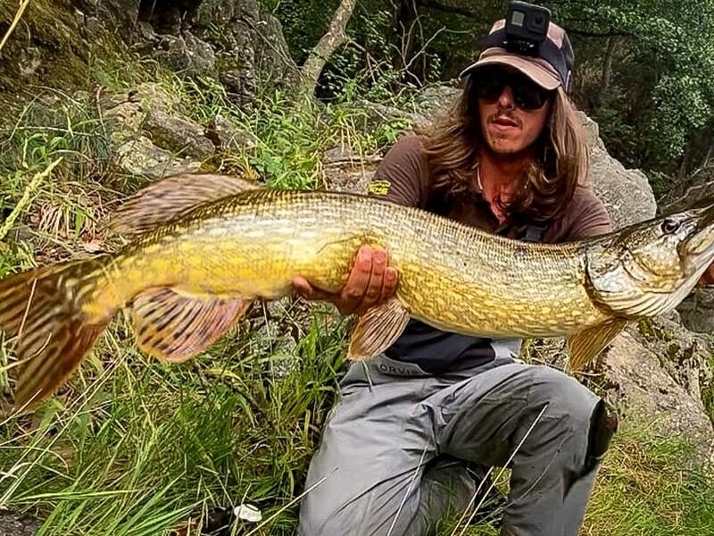 Pêcheur dans la nature tenant un brochet imposant, vêtu d’une caméra frontale.