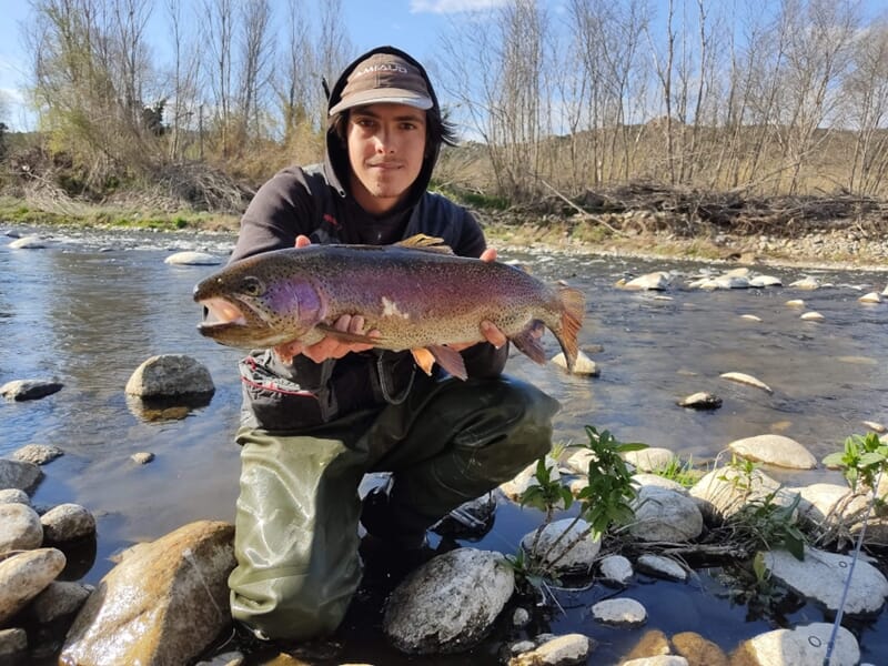 Homme agenouillé au bord d’une rivière tenant une truite arc-en-ciel colorée