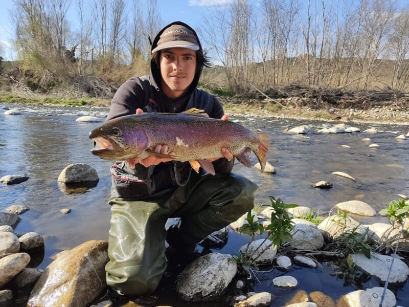 Homme agenouillé au bord d’une rivière tenant une truite arc-en-ciel colorée