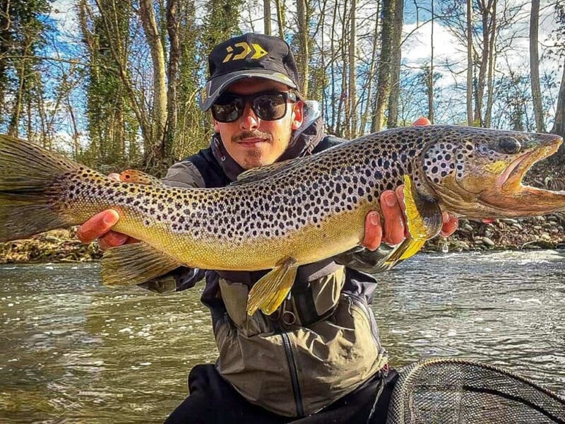 Homme tenant une grande truite fario tachetée devant une rivière en forêt