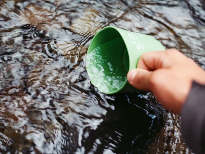 Une main tient un gobelet vert pour puiser de l'eau claire dans un ruisseau en pleine nature, près de Vannes..