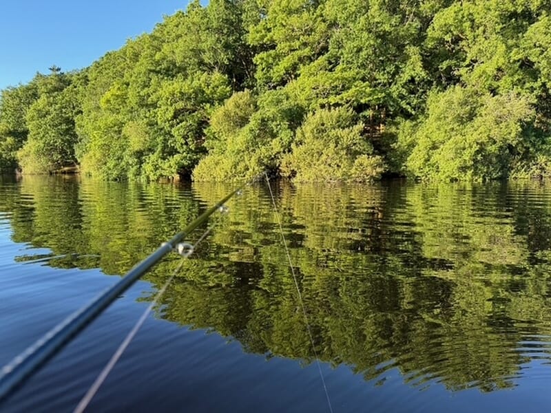 Vue depuis un bateau sur un lac lors d'un stage de pêche près de Limoges. 