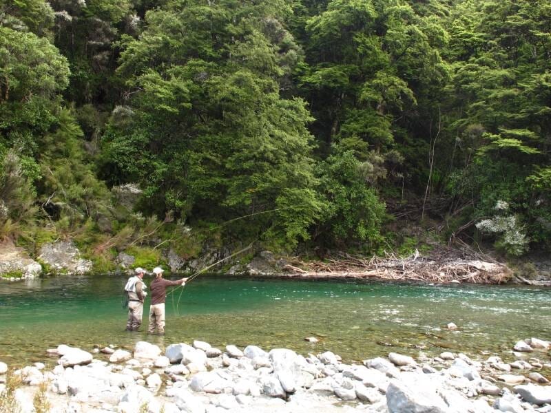 Deux pêcheurs en waders pêchent à la mouche dans une rivière claire entourée d'arbres verts denses.