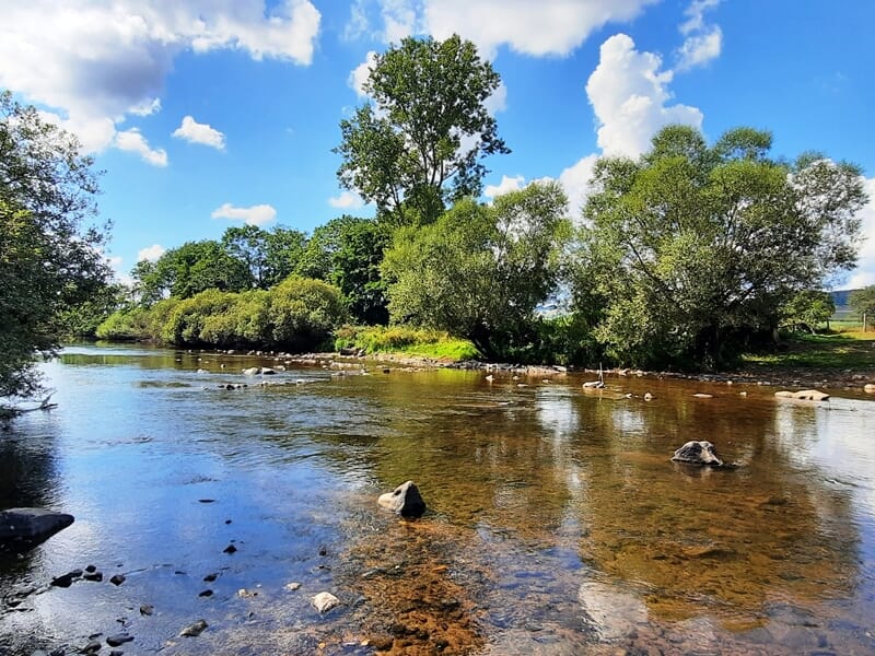 Une rivière peu profonde avec des rochers, entourée d'arbres verts sous un ciel bleu lors d'un stage de pêche à Autun.