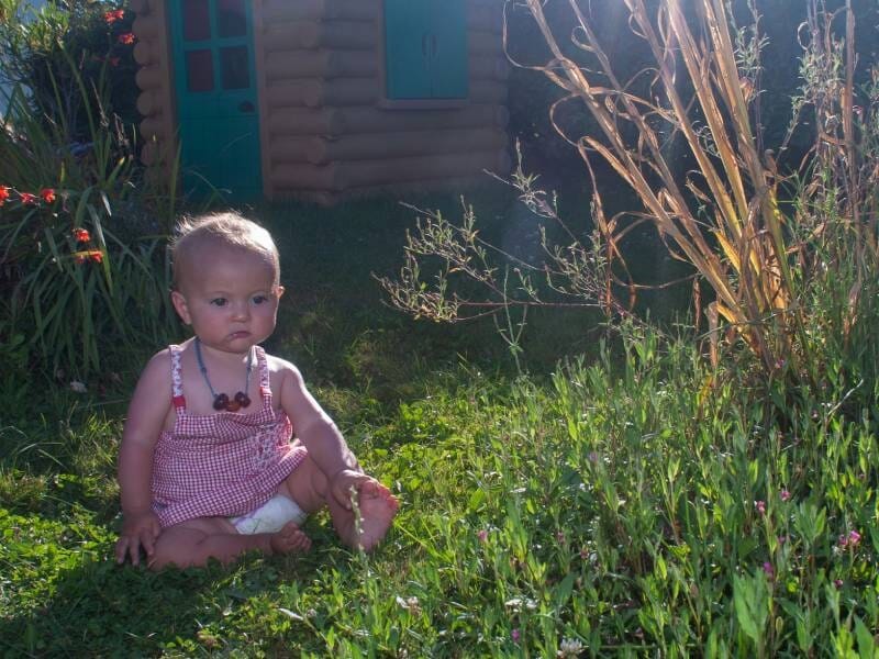 Un bébé assis dans l'herbe devant une petite cabane en bois, entouré de plantes et de fleurs sous le soleil.