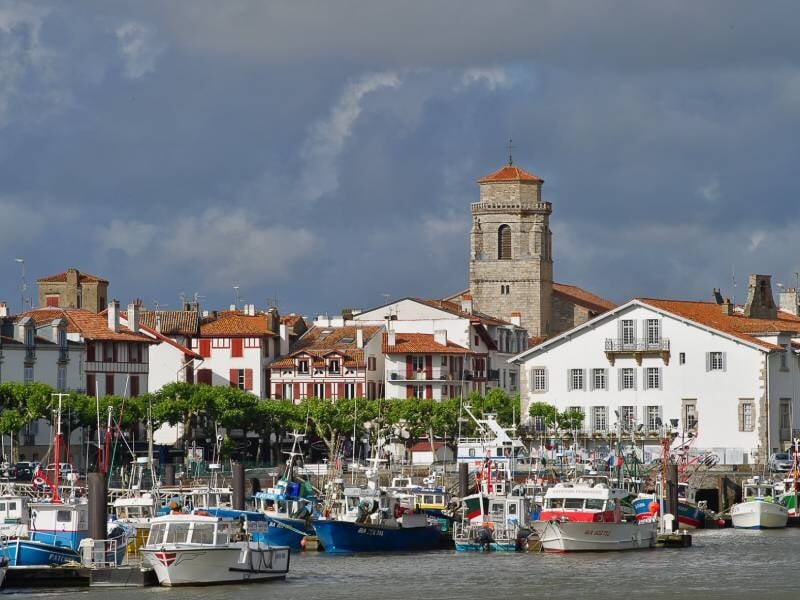 Vue du port avec de nombreux bateaux amarrés devant des maisons blanches et un clocher sous un ciel nuageux.