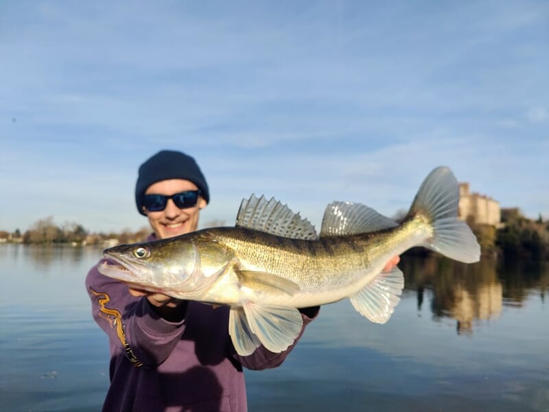 Jeune homme souriant avec bonnet et lunettes, montrant un gros sandre lors d'un stage de pêche à Toulouse.