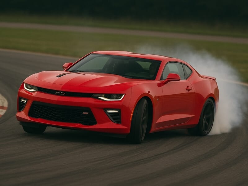 Voiture de sport rouge effectuant un dérapage lors d'un coaching pilotage sur circuit.