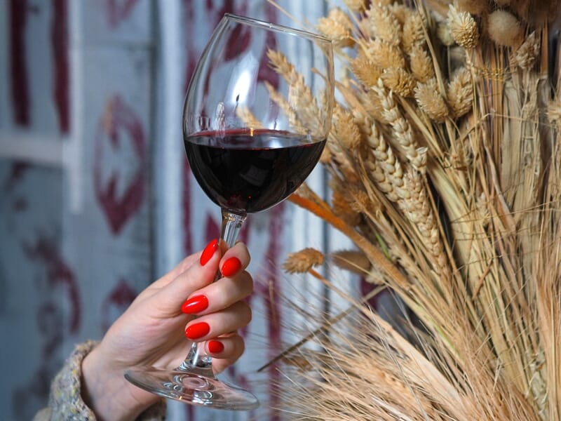 Main féminine avec ongles rouges tenant un verre de vin rouge devant un bouquet de blé doré en intérieur