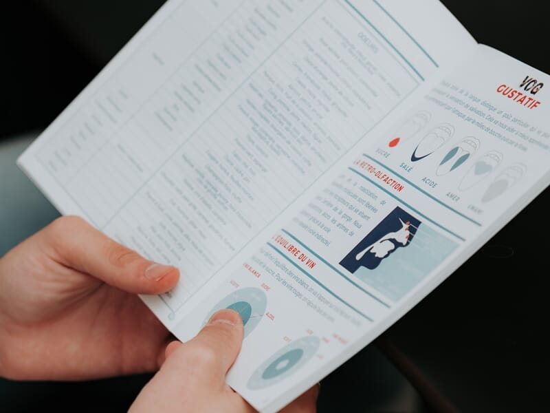 Personne tenant un livret explicatif sur la dégustation de vin avec des graphiques et des descriptions détaillées.