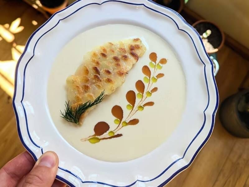 Assiette blanche avec un plat raffiné décoré d'une feuille et d'une sauce artistique colorée.