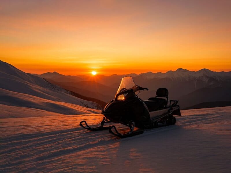 Motoneige noire stationnée sur la neige au coucher du soleil avec montagnes en arrière-plan orange vif.