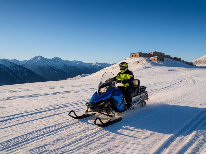 Personne en tenue jaune et noire conduisant une motoneige bleue sur un plateau enneigé avec un bâtiment.