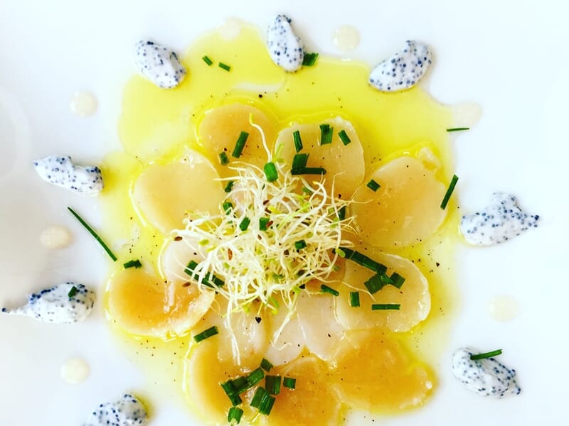 Carpaccio de Saint-Jacques nappé d'une sauce jaune, lors d'un cours de cuisine à Nice. 