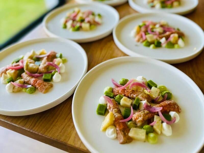 Plusieurs assiettes blanches avec une entrée composée de légumes, morceaux de viande et sauce, sur une table en bois, lors d'un cours de cuisine près de Strasbourg.