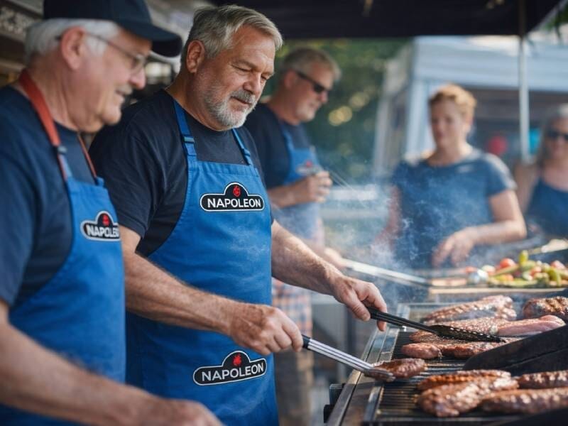 Trois hommes portant des tabliers bleus cuisinent des steaks sur un grand barbecue lors d'un événement en plein air.