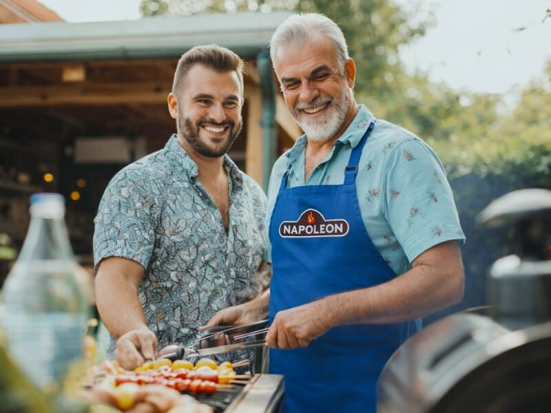 Deux hommes souriants, l'un portant un tablier Napoléon, préparent des brochettes sur un barbecue en extérieur.