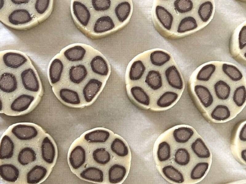 Pâtisseries rondes avec motifs en chocolat foncé sur pâte claire, disposées sur une surface claire.