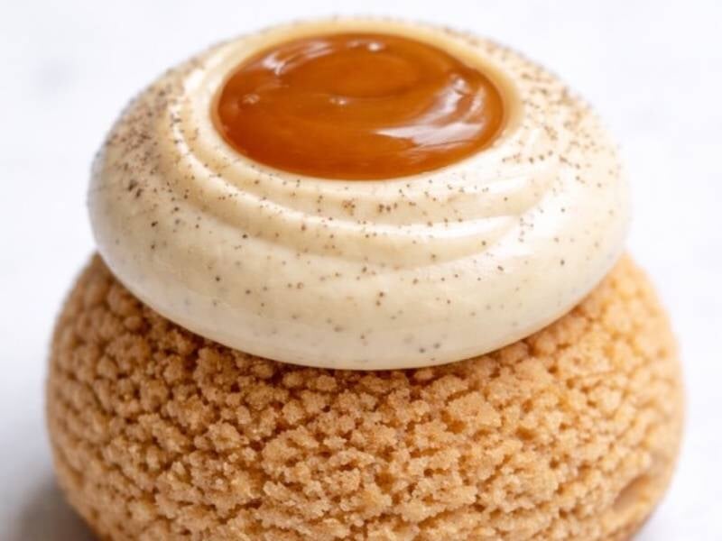 Chou craquelin avec base croustillante, crème vanillée et caramel au centre, sur fond clair, réalisé lors d'un cours de pâtisserie à Reims.