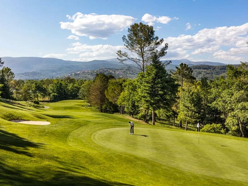 Golfeur en train de jouer sur un green entouré d'arbres, avec des collines et un ciel bleu en arrière-plan.
