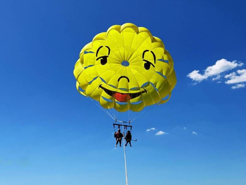 Deux personnes en parachute ascensionnel sous un parachute jaune souriant avec un ciel bleu et quelques nuages.