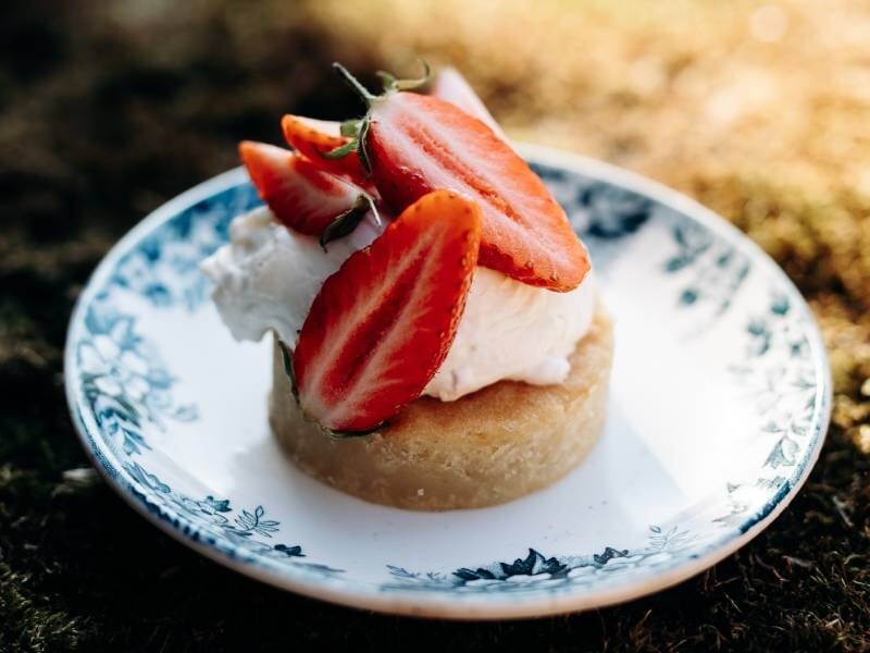 Dessert raffiné avec une base moelleuse, crème blanche et fraises fraîches tranchées sur assiette décorée.