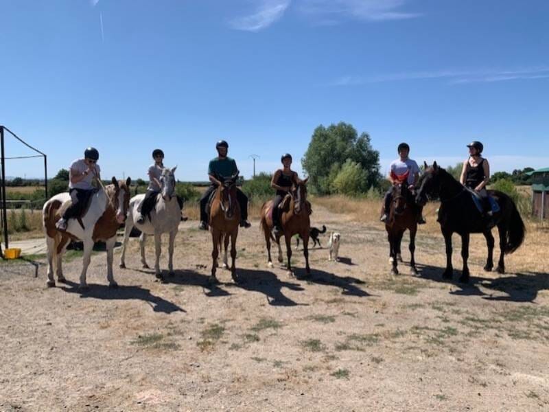 Groupe de six cavaliers sur leurs chevaux posant sur un terrain sec sous un ciel bleu clair sans nuages.