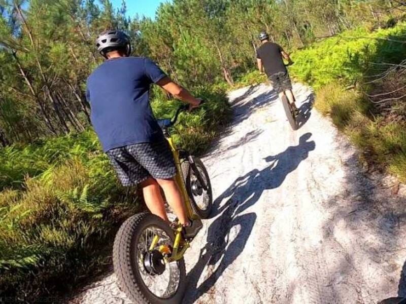 Deux personnes en casque roulant sur des trottinettes électriques sur un sentier sablonneux en forêt.