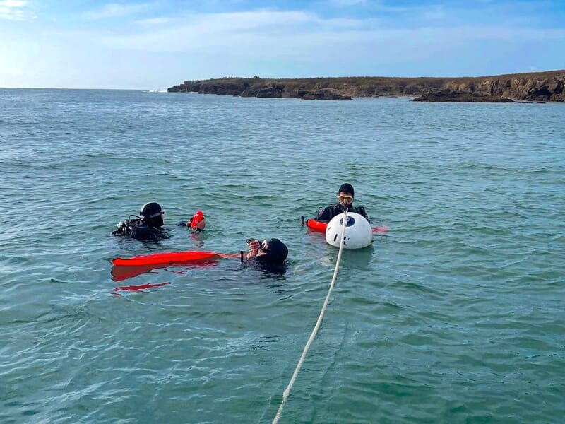 Trois plongeurs en combinaison noire flottent à la surface, attachés à une bouée rouge avec un paysage côtier.