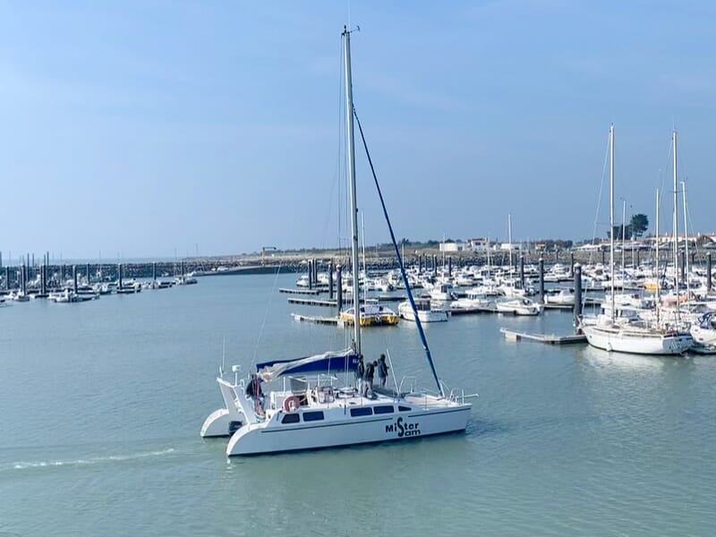 Un catamaran blanc navigue dans un port rempli de nombreux bateaux sous un ciel bleu clair et dégagé.