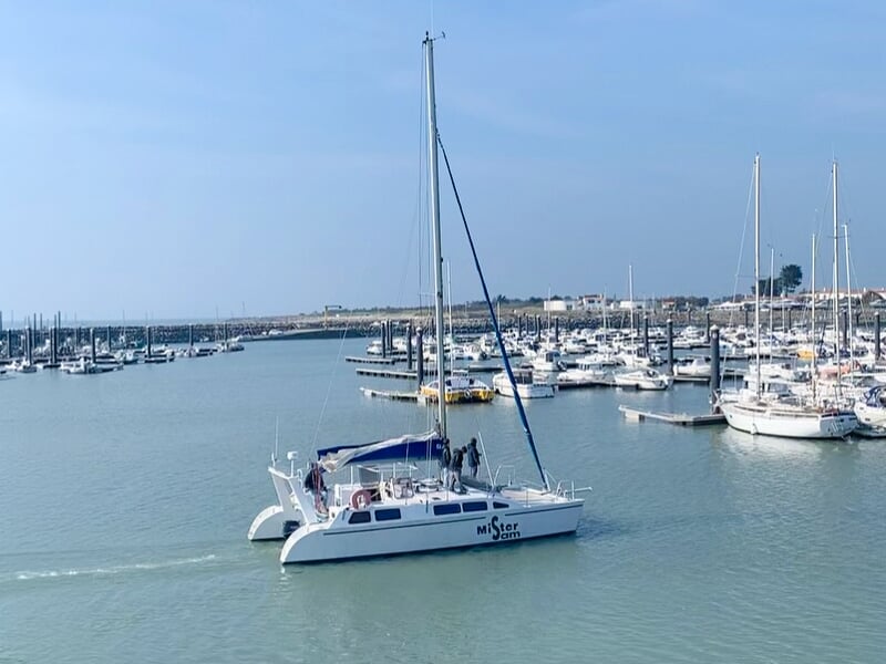 Un catamaran blanc navigue dans un port rempli de nombreux bateaux sous un ciel bleu clair et dégagé.