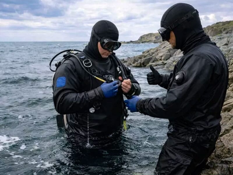 Deux plongeurs en combinaison noire s'aidant au bord de l'eau près de rochers sous un ciel nuageux.