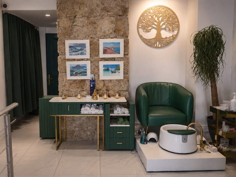 Coin détente avec fauteuil vert, table basse et décoration murale en bois dans un espace cosy.