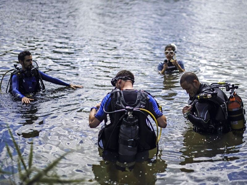 Quatre plongeurs en combinaison dans l'eau, préparant leur équipement de plongée sous-marine en pleine nature.