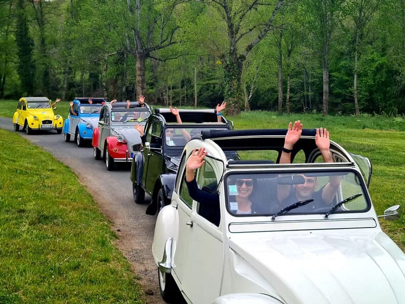 Groupe de voitures Citroën 2CV en balade sur une route entourée d'arbres verts avec des passagers heureux.